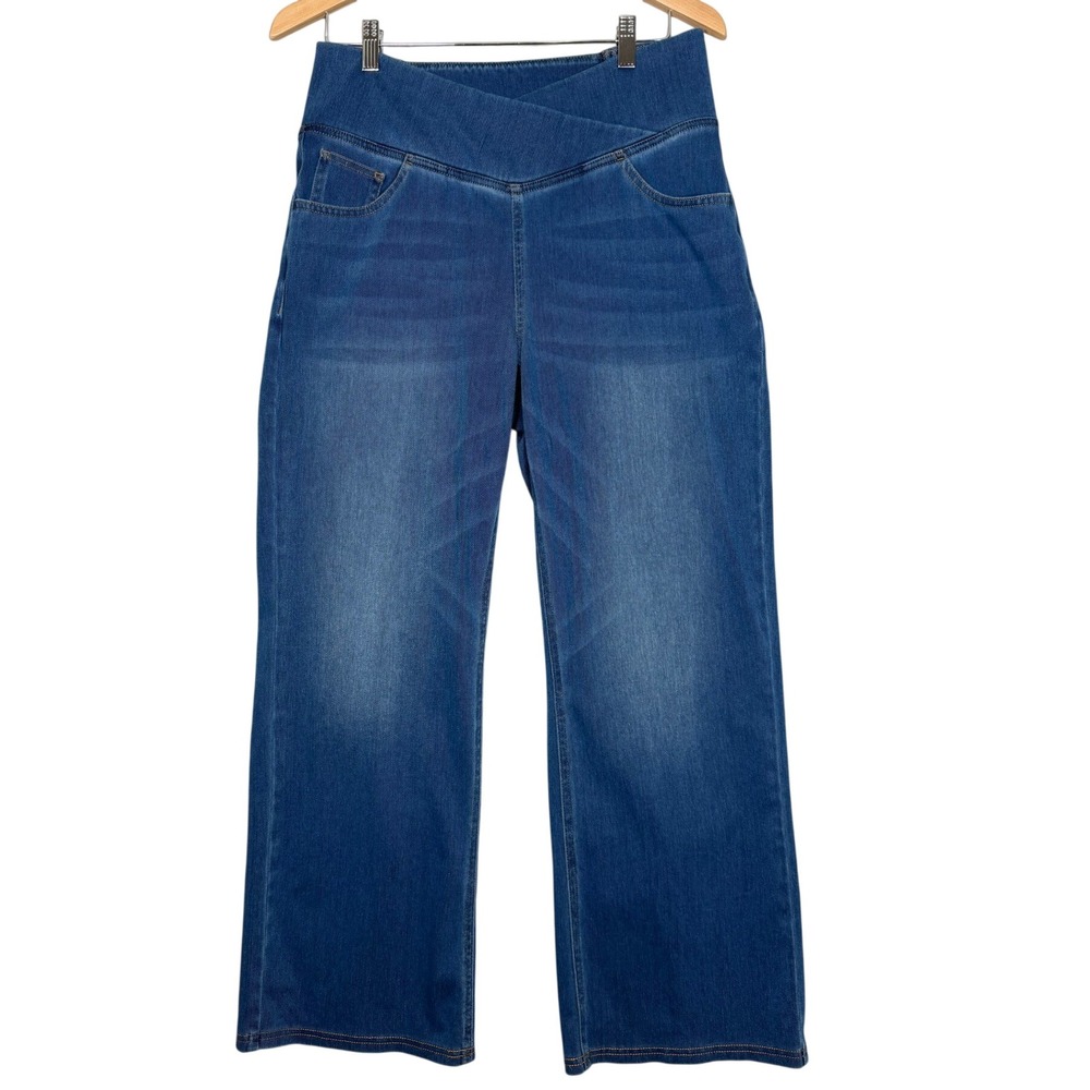 Halara Denim Pants L Petite Blue Crossover Waist Wide Leg Stretch Comfort